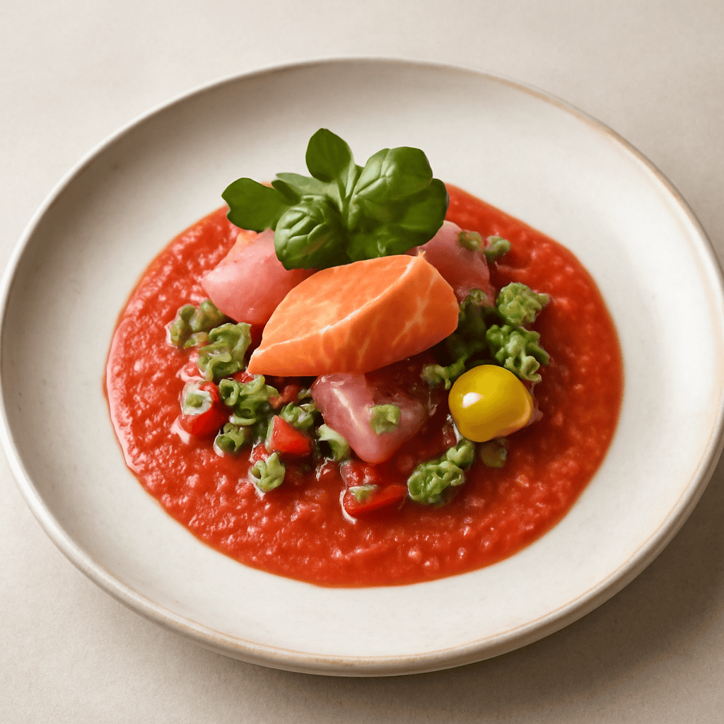 Insalata di tonno e salmone con gazpacho