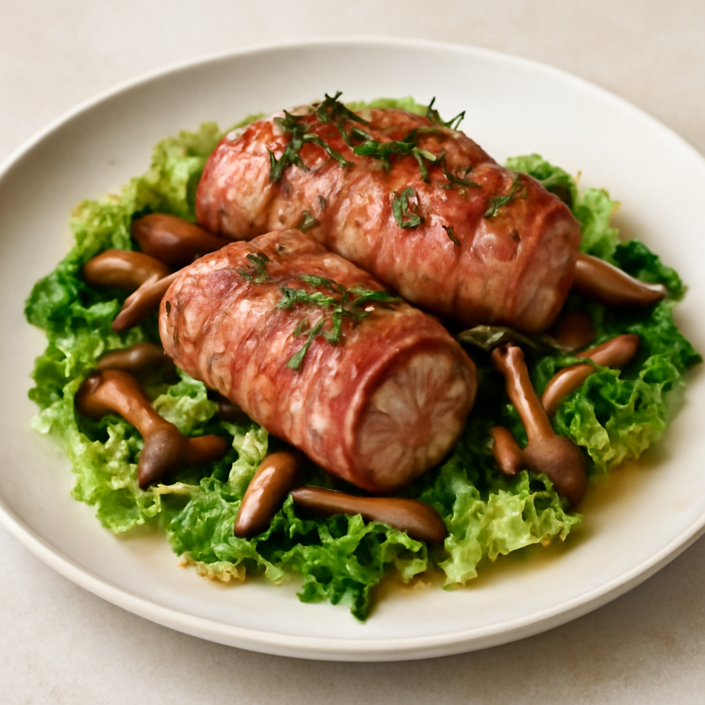 Involtini di maiale e pancetta su un letto di verza con funghi pioppini