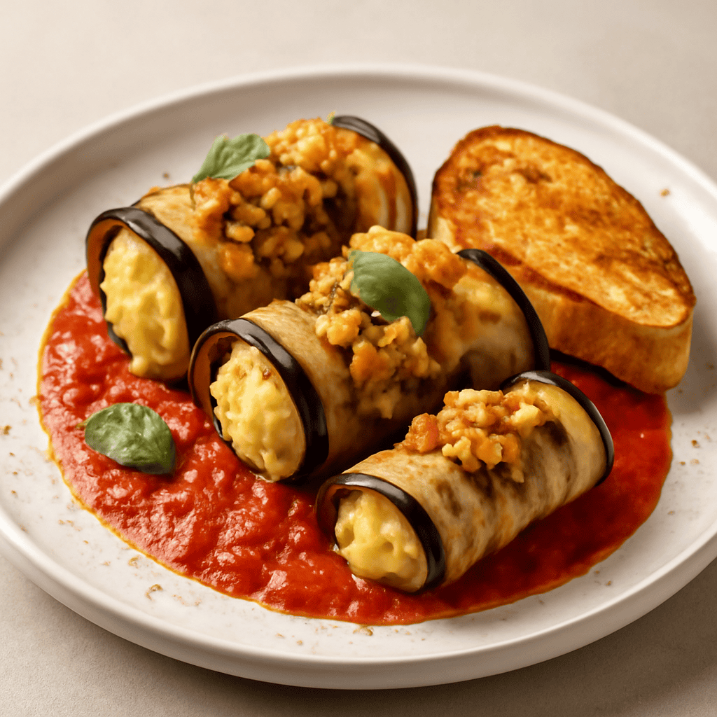 Involtini di melanzane ripieni di purea di patate aromatizzate al curry e crumble di pollo con crostini di pane alla paprika su salsa di pomodoro fresco
