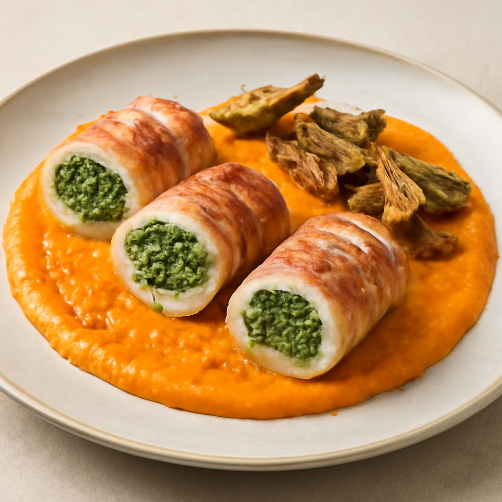 Involtini di pollo ricotta spinaci e pancetta con crema di carote e carciofi selvatici