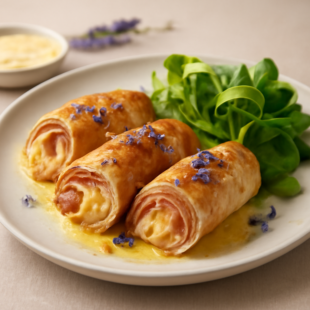Involtini di Tacchino affumicato alla lavanda con prosciutto, emmental e zafferano