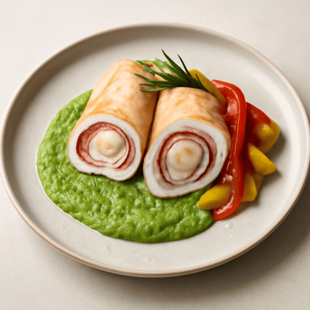 Involtini di tacchino con speck e formaggio, crema ai piselli e peperoni