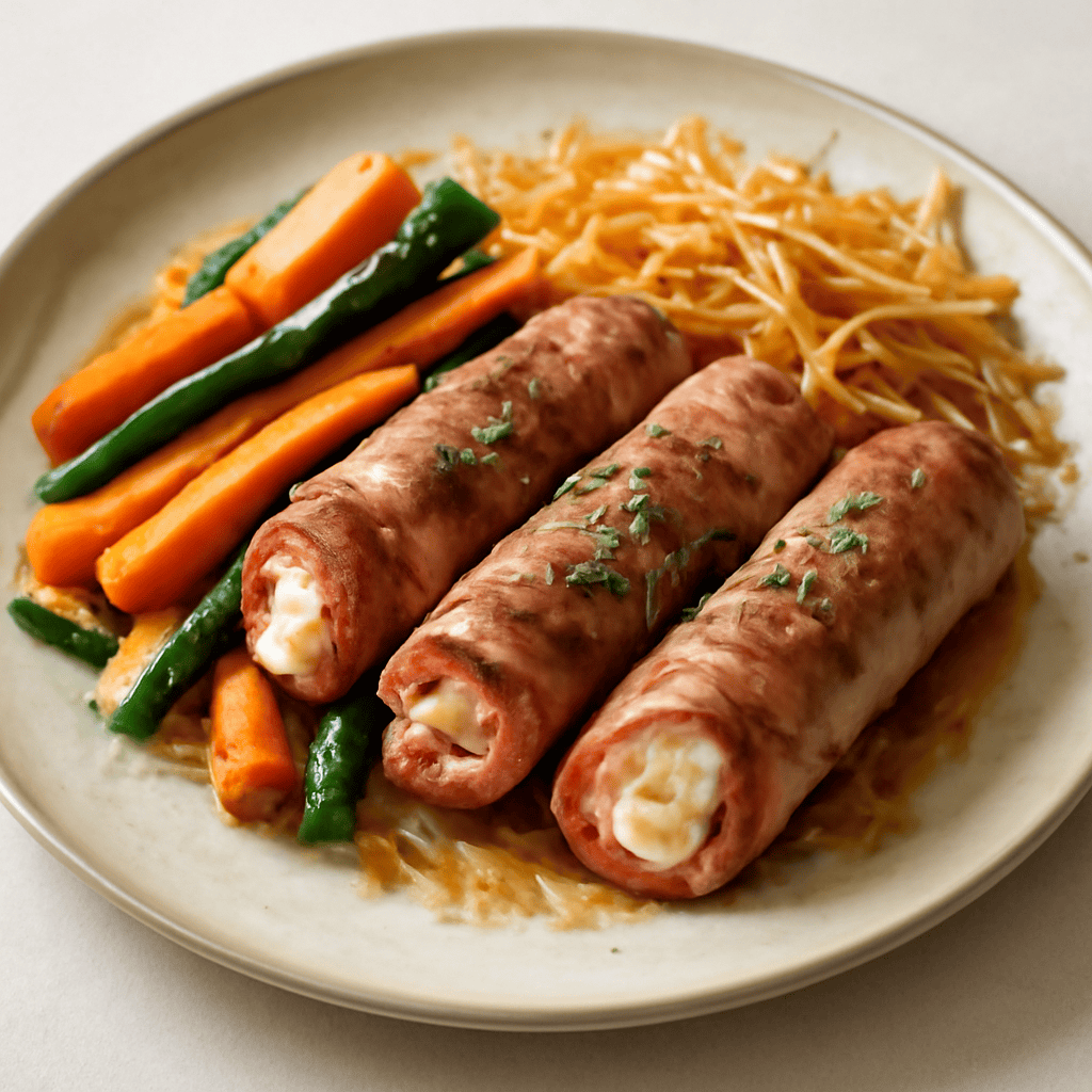 Involtini di vitello, mozzarella e speck su zucchina, carote al burro, patate fiammifero croccanti