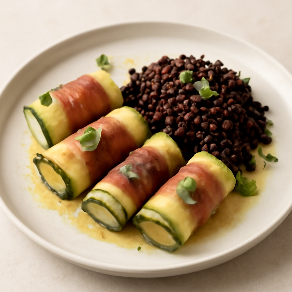 Involtini di zucchine e speck con riso venere aromatizzato al curry