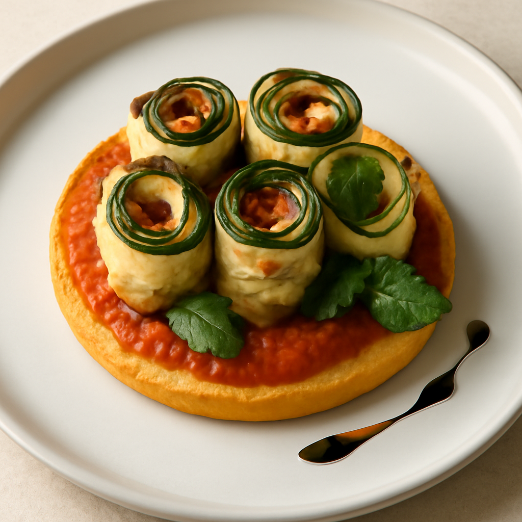 Involtini di zucchine su biscotto al pomodoro e basilico.