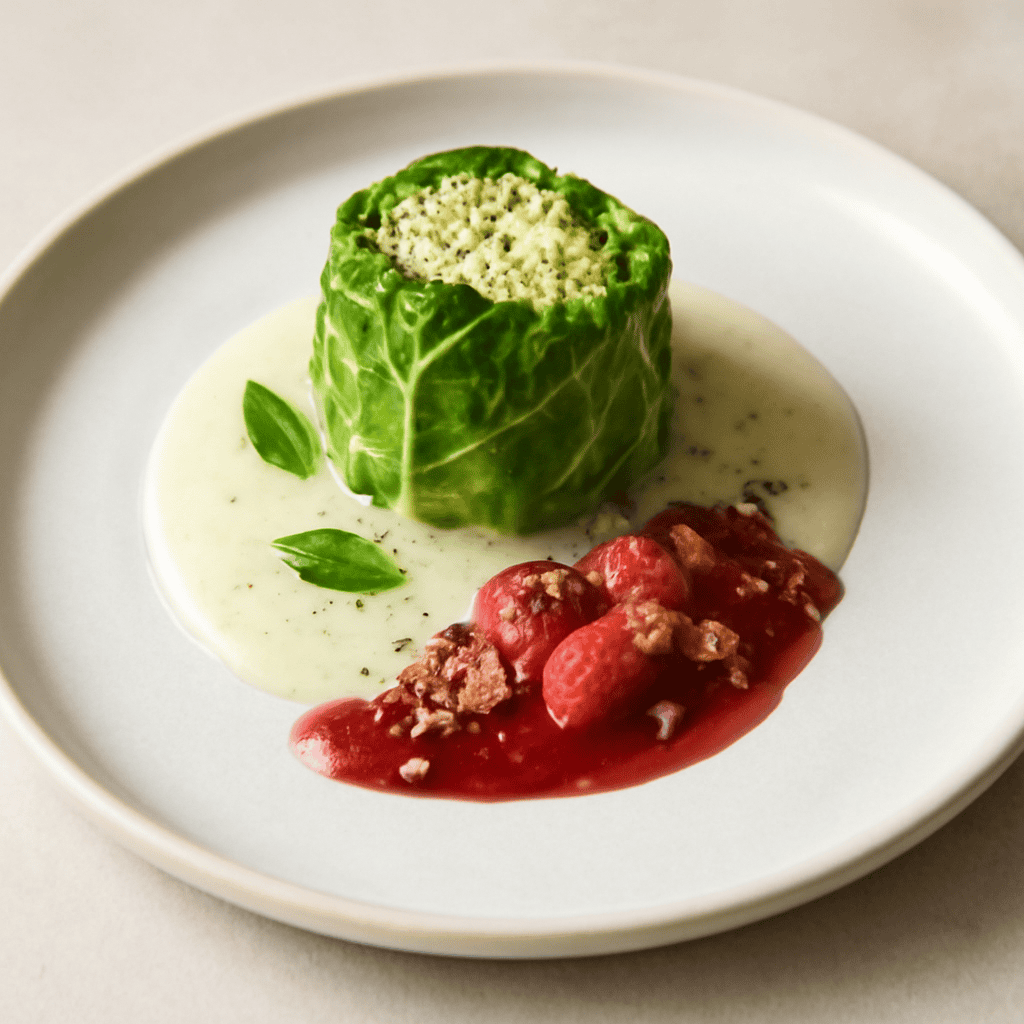 Involtino di cavolo verza e ricotta allo zenzero, besciamella al basilico, riduzione di fragole e granella di pistacchio