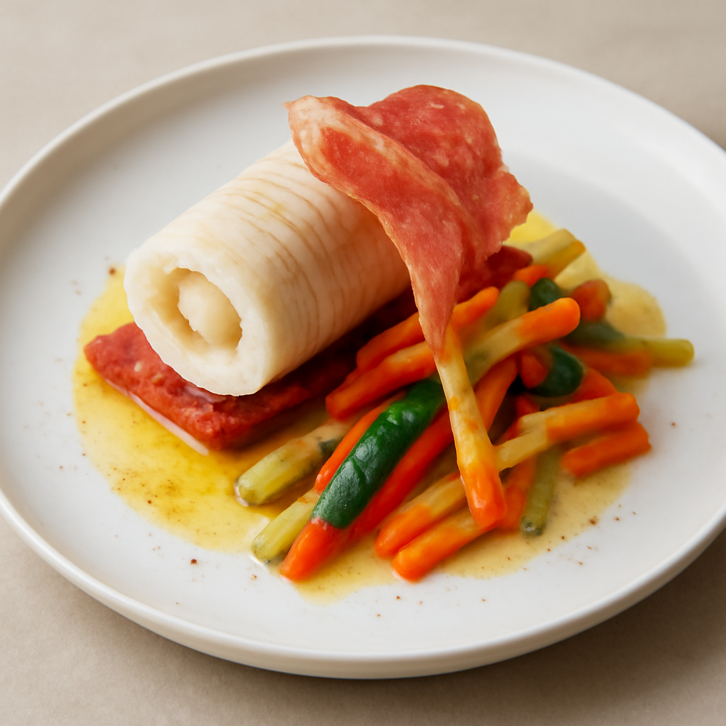 Involtino di platessa con crostino rosso e cialda di speck