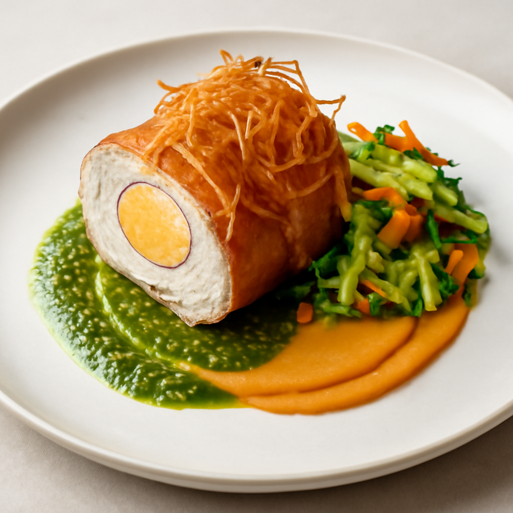 Involtino di pollo ripieno di uovo e patatine croccanti con chiffonade di zucchine e zucca disidratata su salsa di basilico e crema di verdure arrostite.