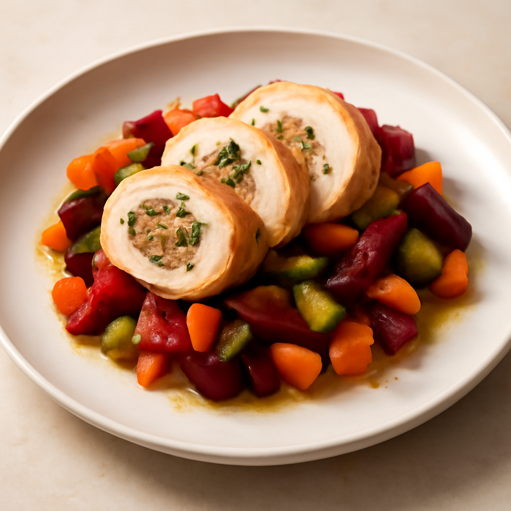 Involtino di pollo su un letto di verdure croccanti