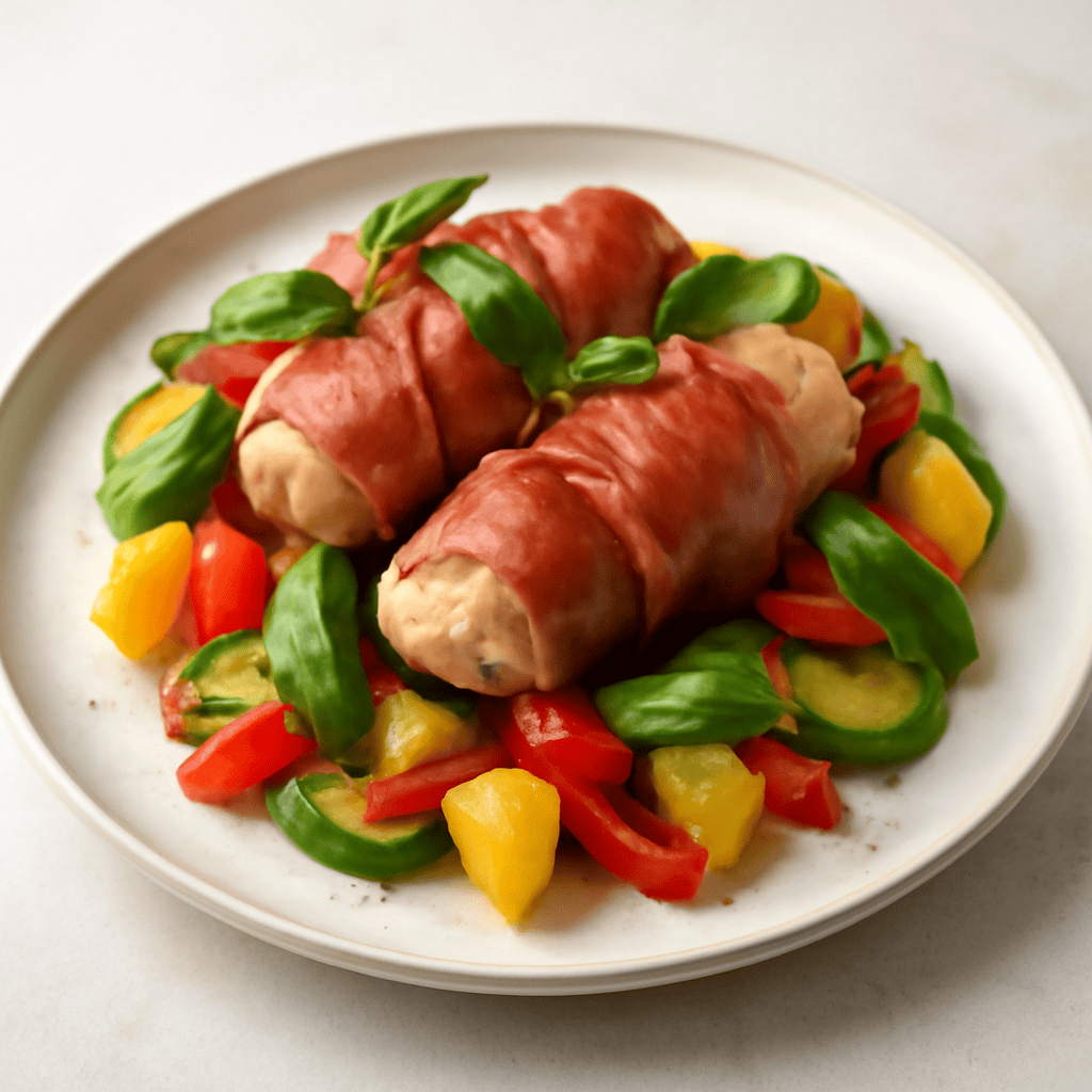 Involtino di prosciutto e pollo con ananas, zucchine e peperoni rossi, basilico e salsa di ananas.