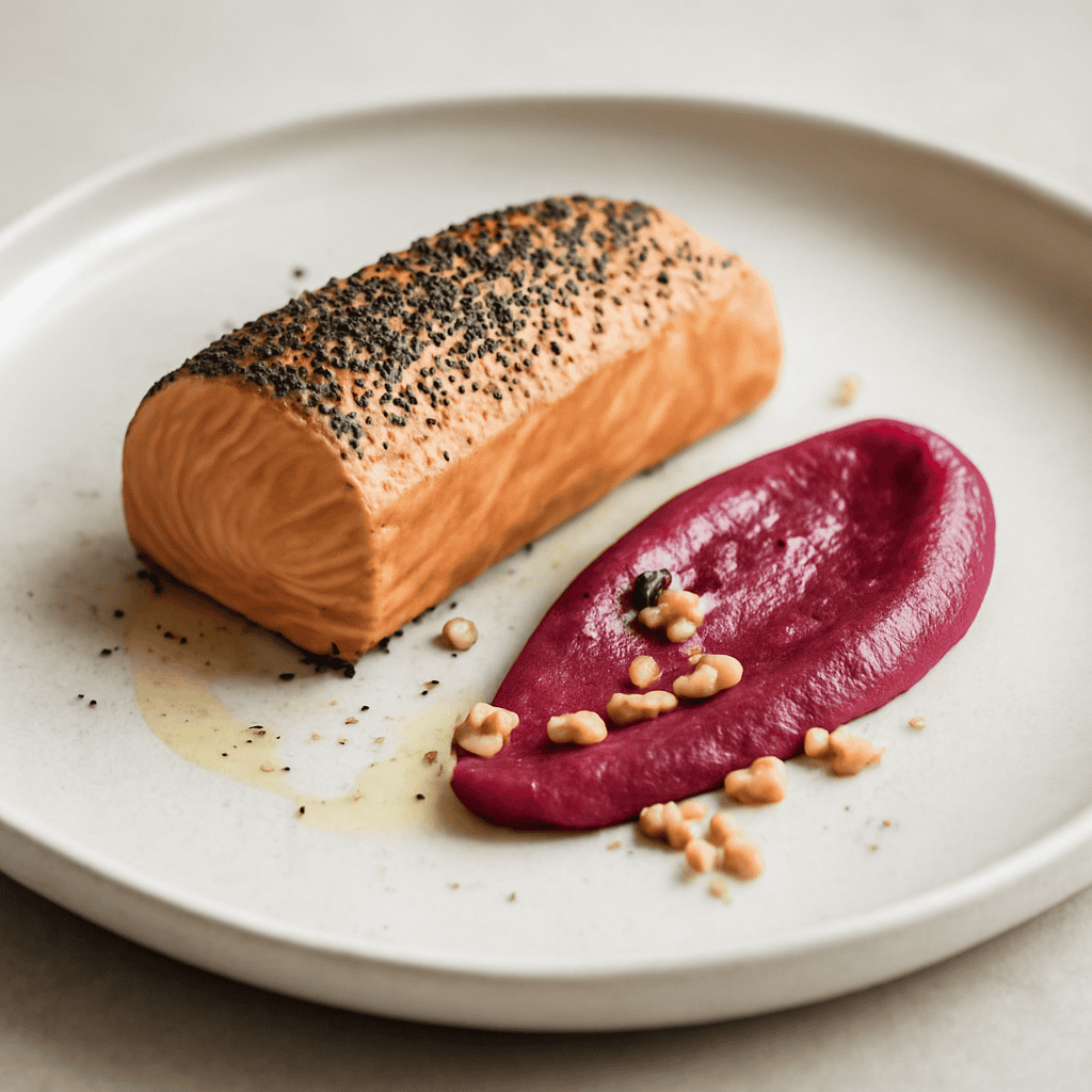 involtino di trota salmonata con maionese alla rapa rossa