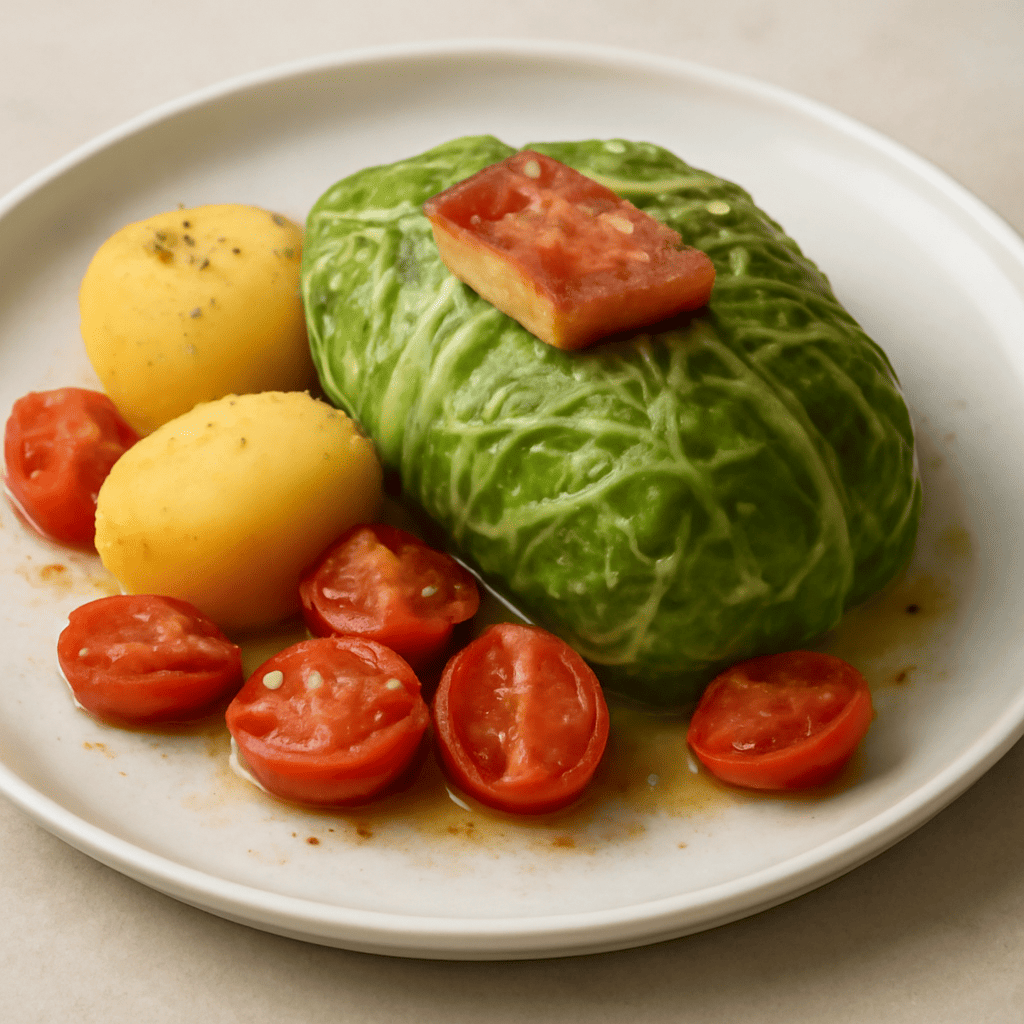 INVOLTINO DI VERZA CON PATATE E GUANCIALE SU UN LETTO DI DATTERINI