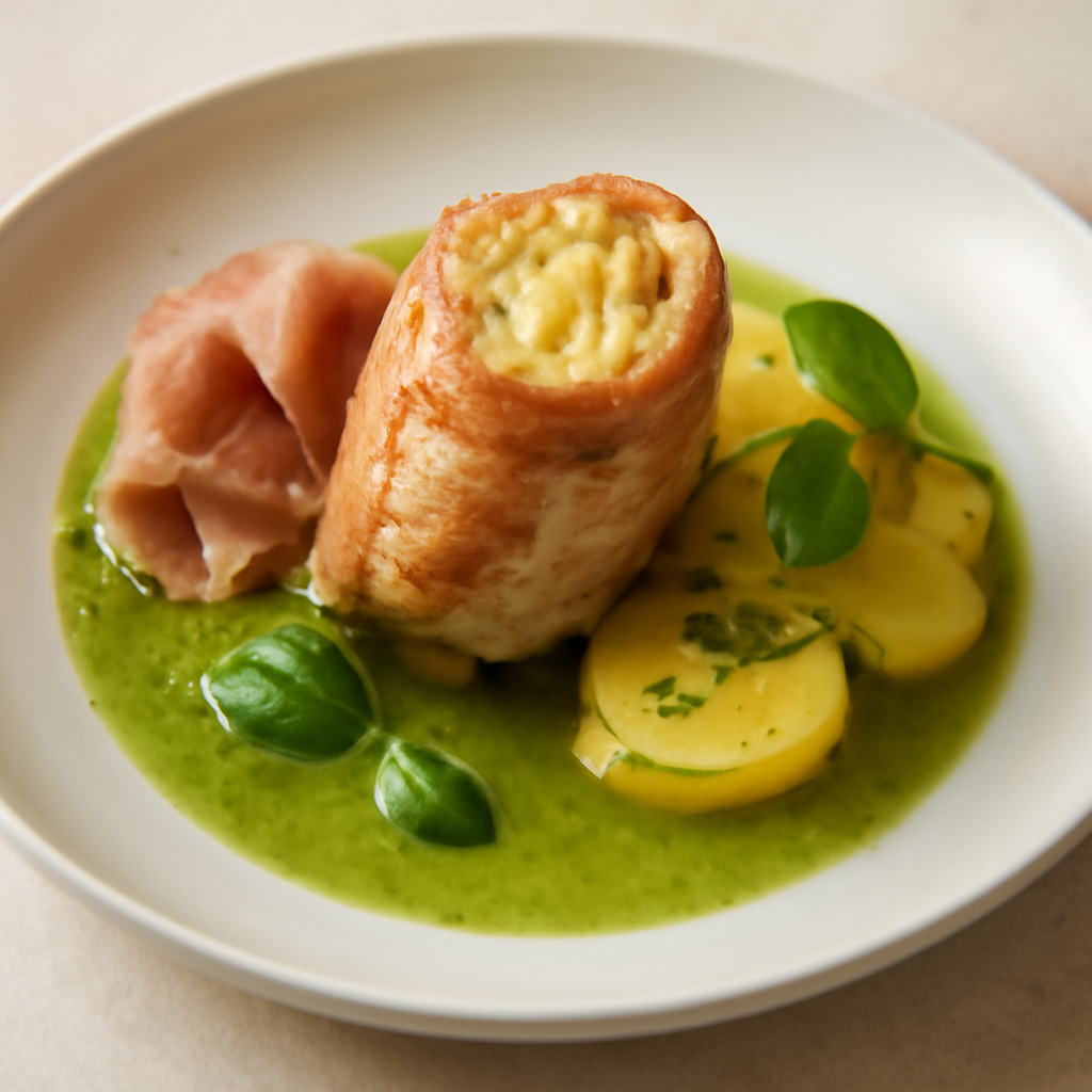 Jambonet di coniglio con farcia di patate in acqua di menta e basilico