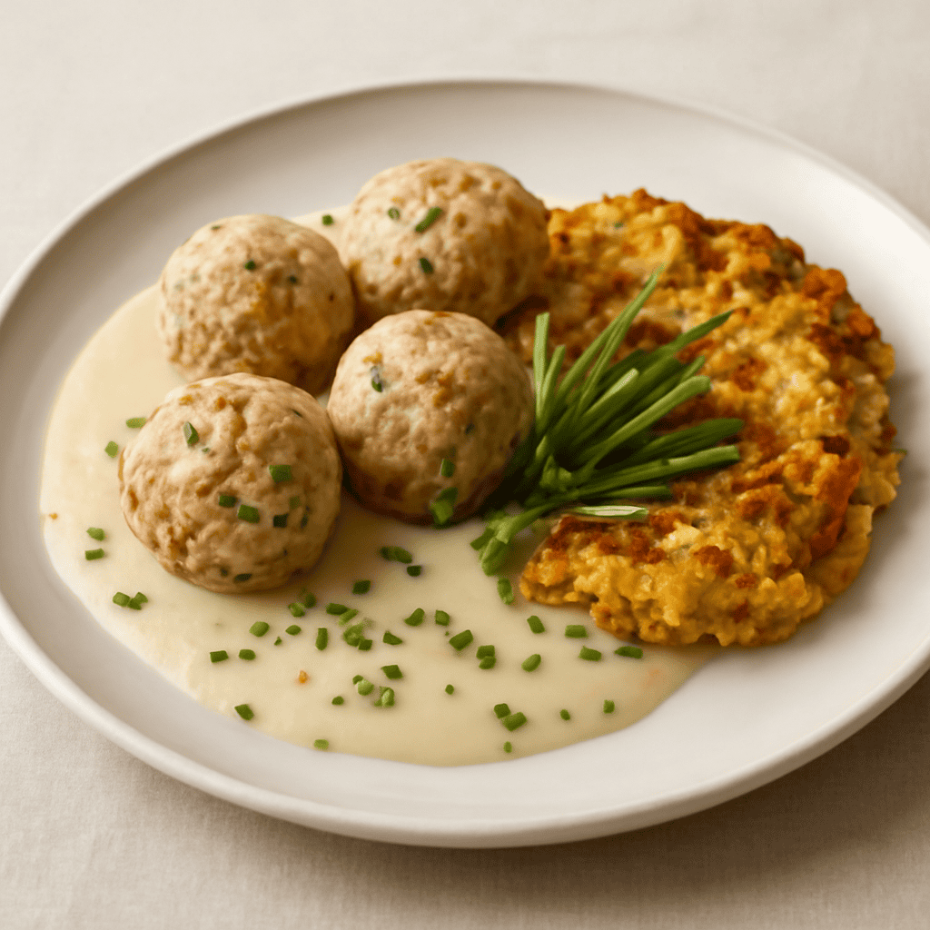 Knodel allo speck con rosti di patate e zucchine