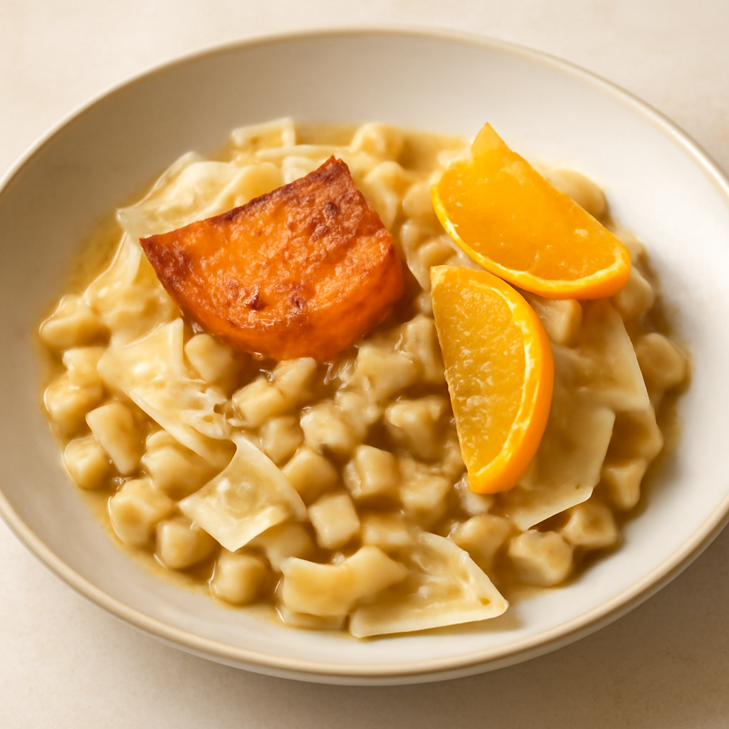 “Lagane e ceci” con zucca caramellata all’ arancia