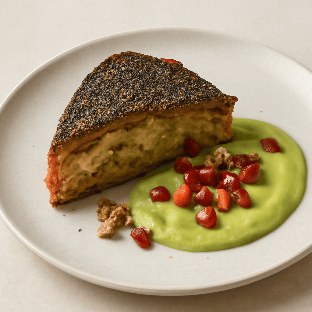 Lambrenga ai semi di papavero con bacche di Goji e crema di pistacchi