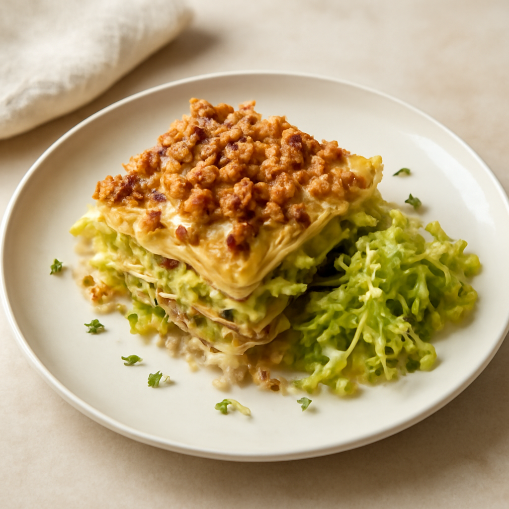 Lasagna verza e verzino con crumble di salsiccia
