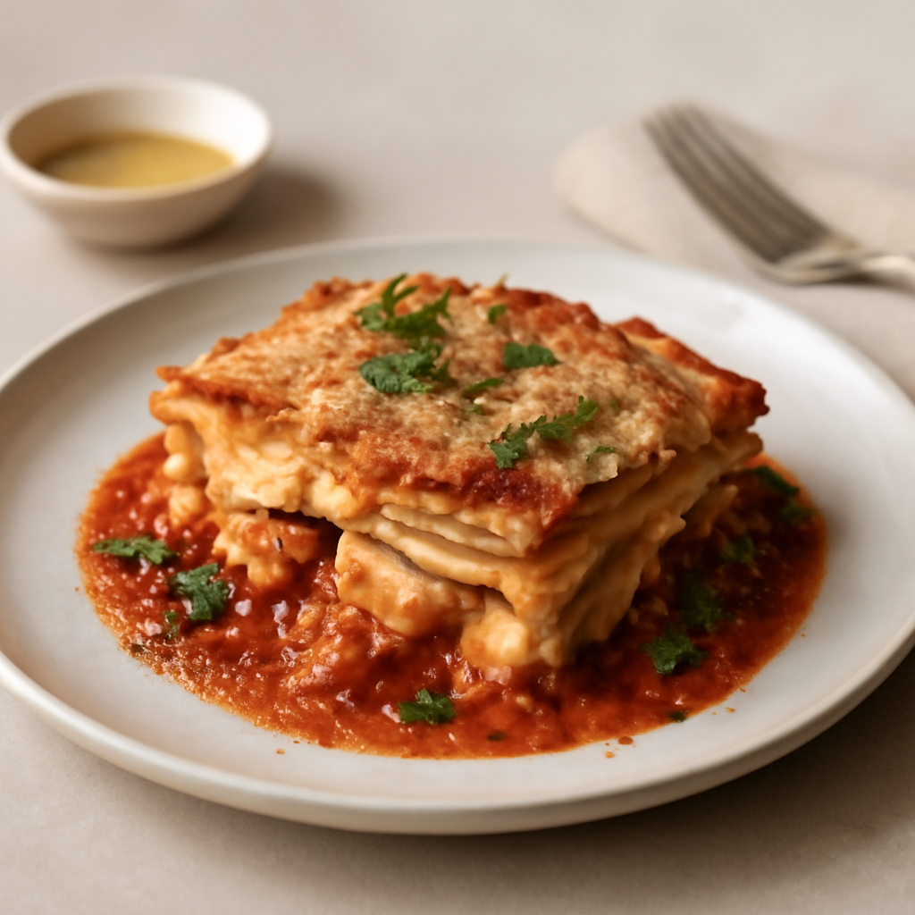 Lasagnetta Gratinata con Pescatrice Sfumata al Vermouth