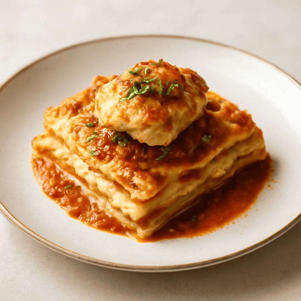 Lasagnetta Gratinata con Pescatrice Sfumata al Vermouth