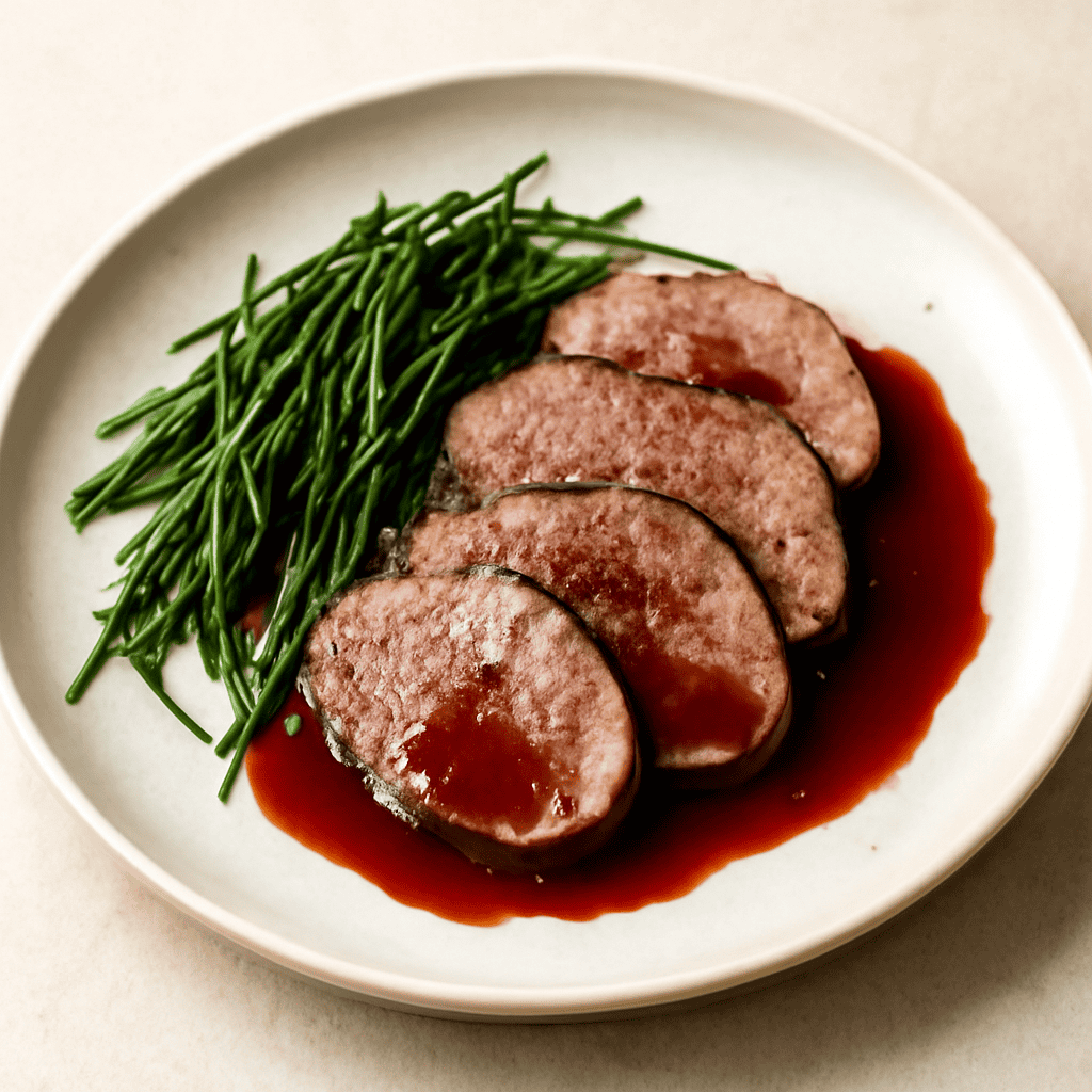 Lingua scaloppata con riduzione al Ciliegiolo e agretti.