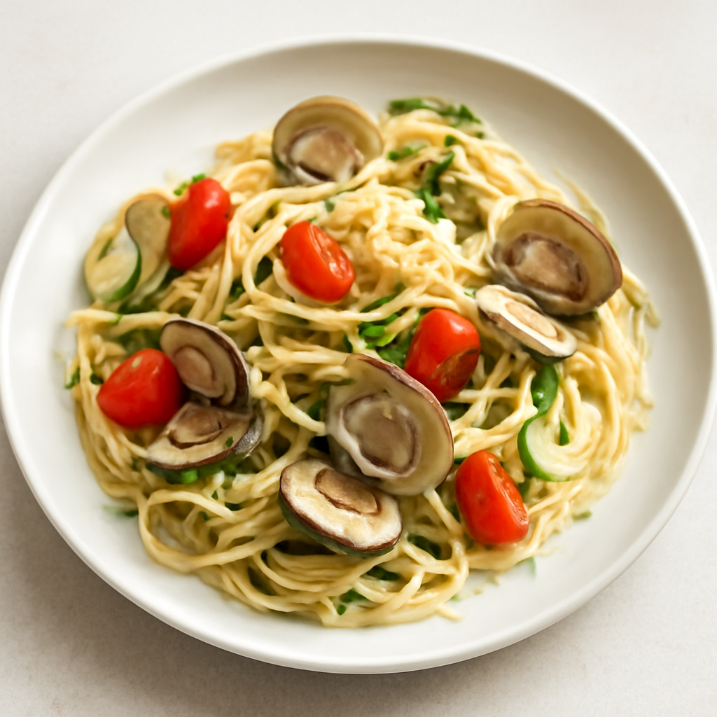 Linguine alle vongole con , pomodorini e crema all’aglio