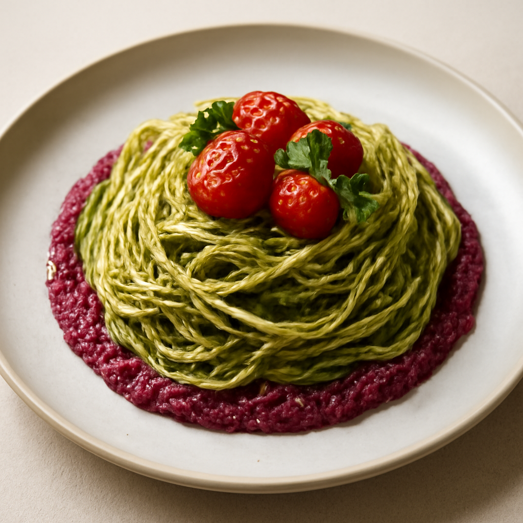 Linguine con pesto di menta e pomodorini pachino saltati su base di barbabietole rosse