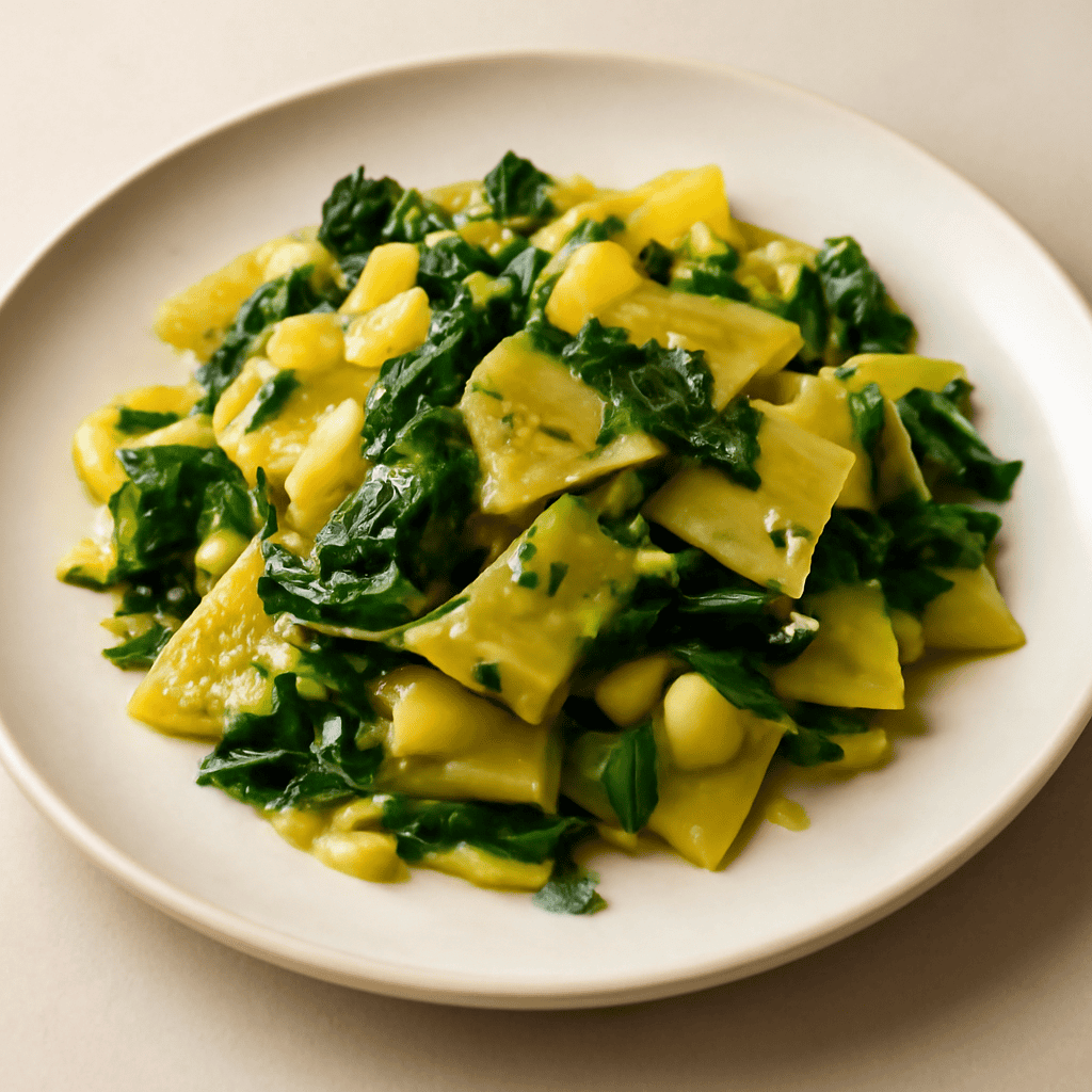 Maltagliati agli spinaci con patate e zafferano profumati al timo