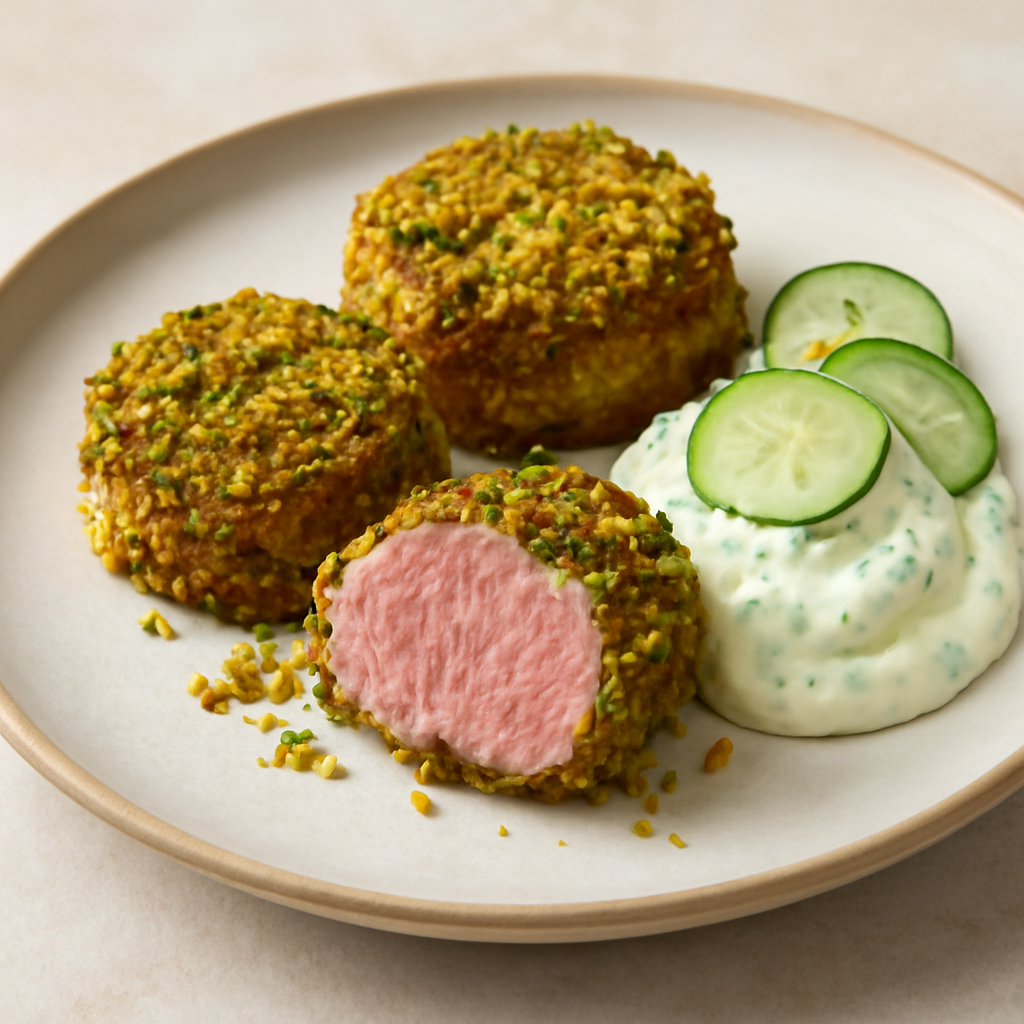 medaglioni di maialino in crosta di pistacchi di bronte con salsa allo yogurt