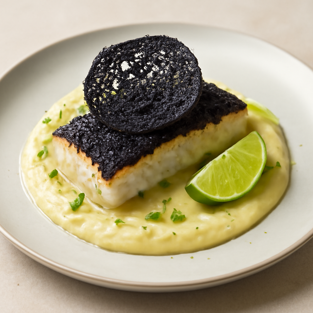 Merluzzo nero su crema di patate al lime e cialda di olive nere.