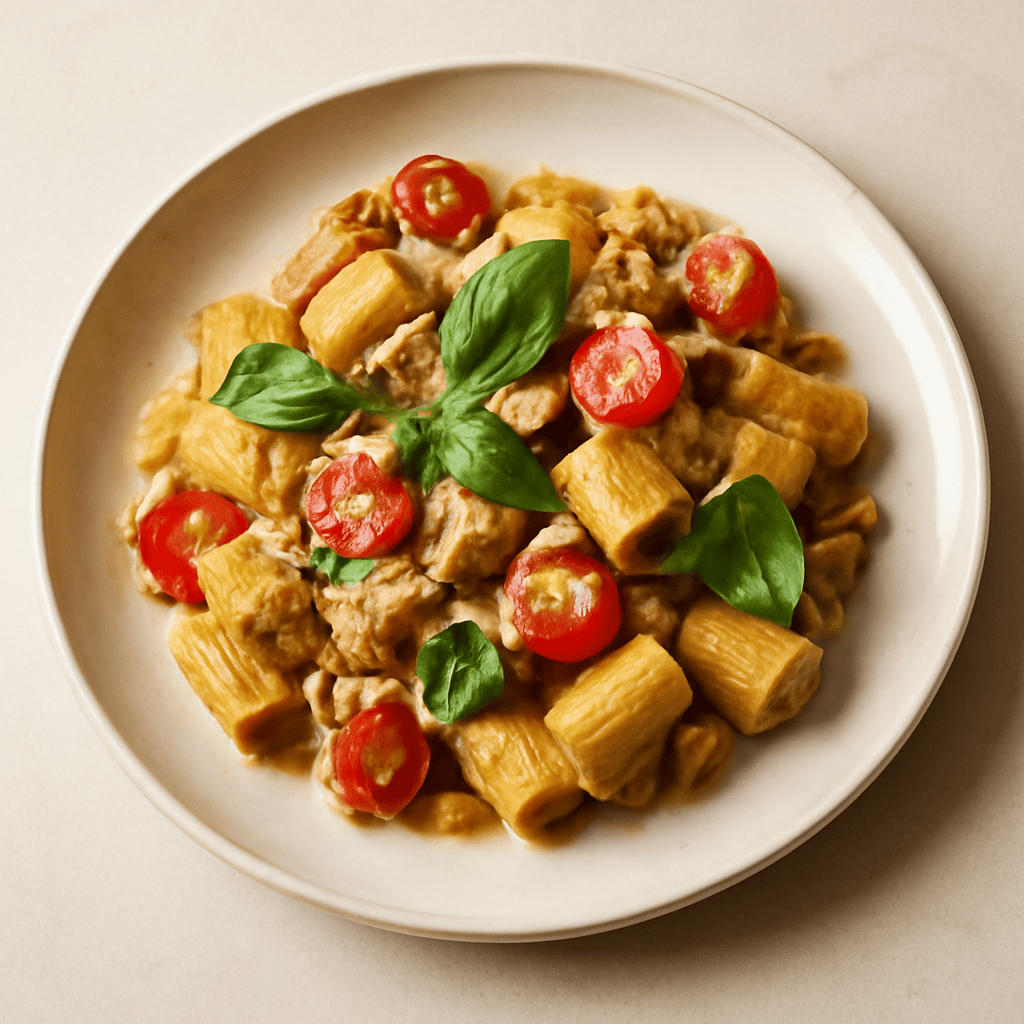 Mezze maniche ai 2 pomodori e crema di melanzane