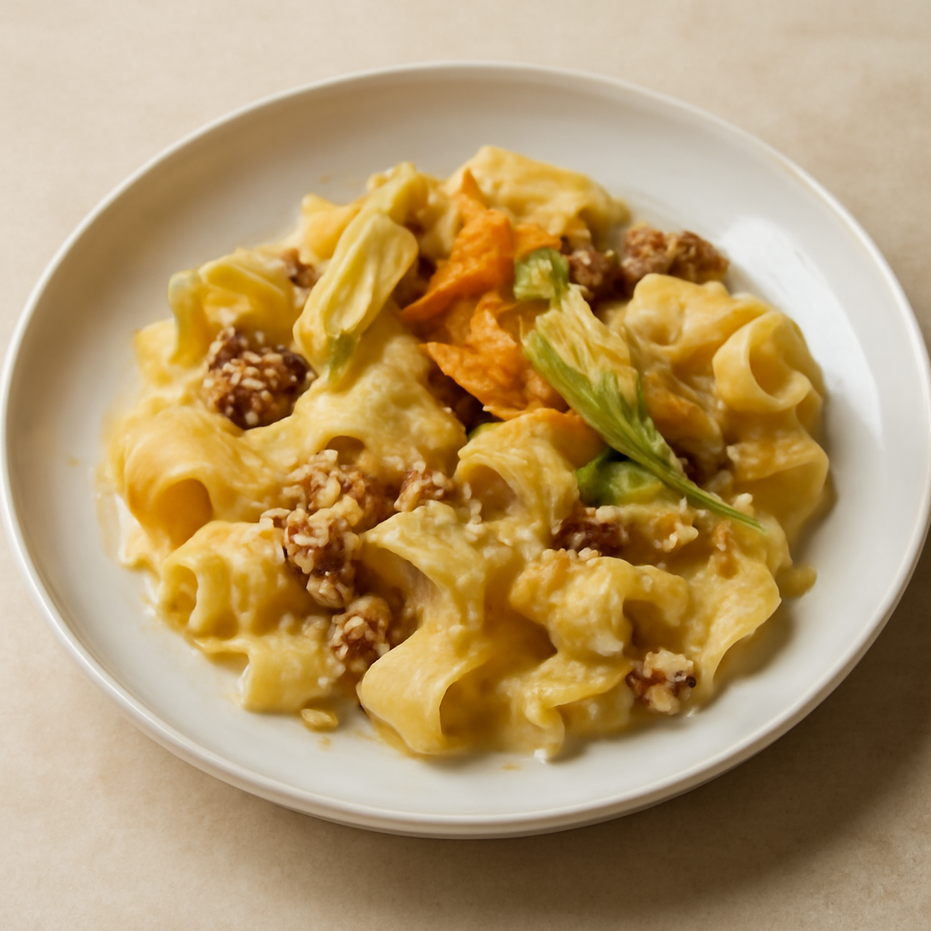 Mezze maniche noci gorgonzola fiori di zucca