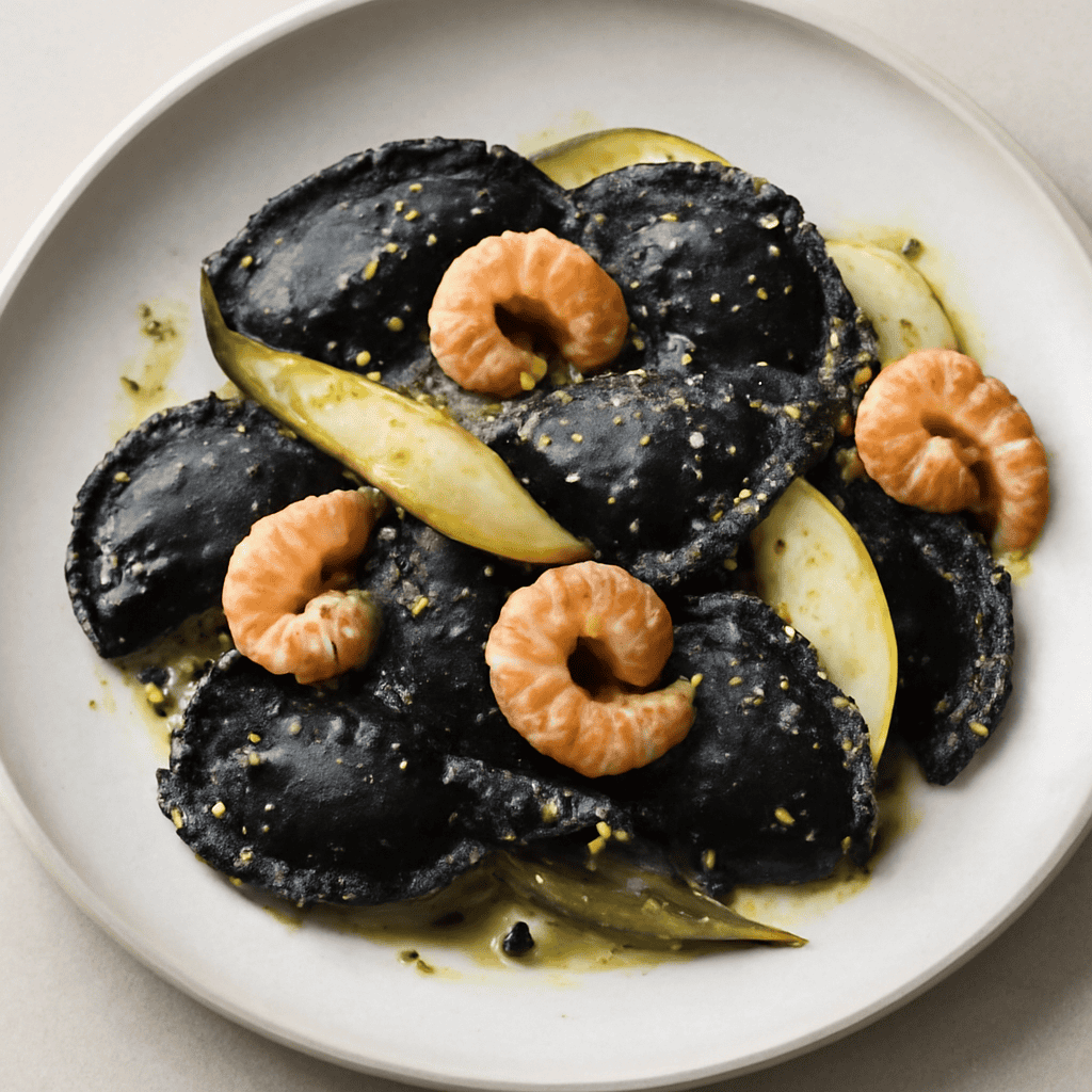 Mezzelune al nero di seppia con mazzancolle e pera