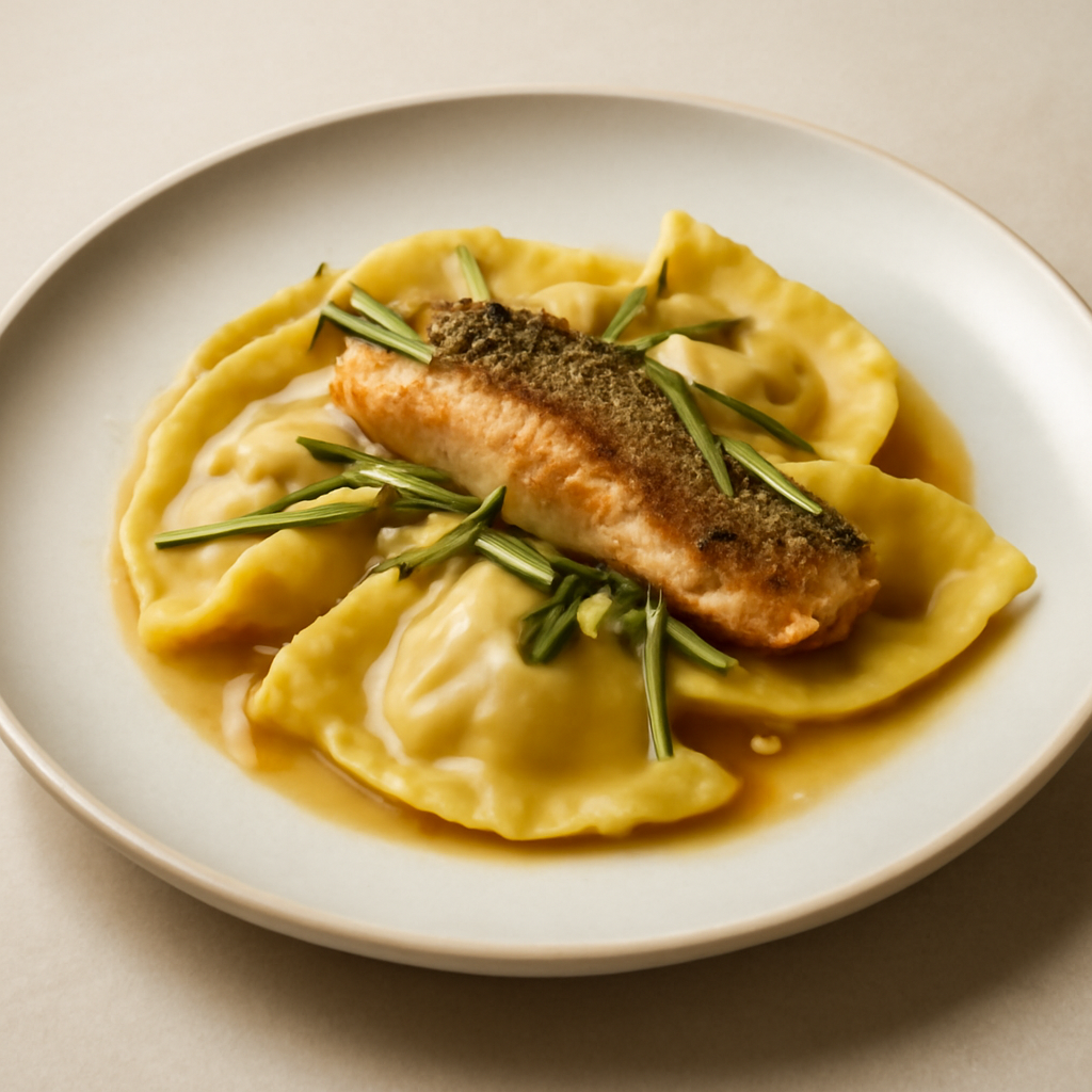 mezzelune ripiene con fegatini e patate con trota