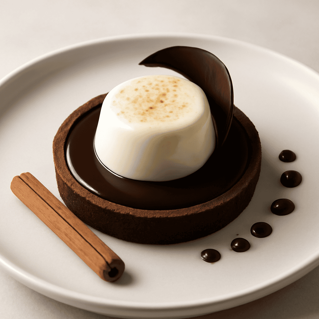 MIGNON DI FROLLA AL CACAO AMARO CON GANACHE FONDENTE E PANNA COTTA ALLA CANNELLA