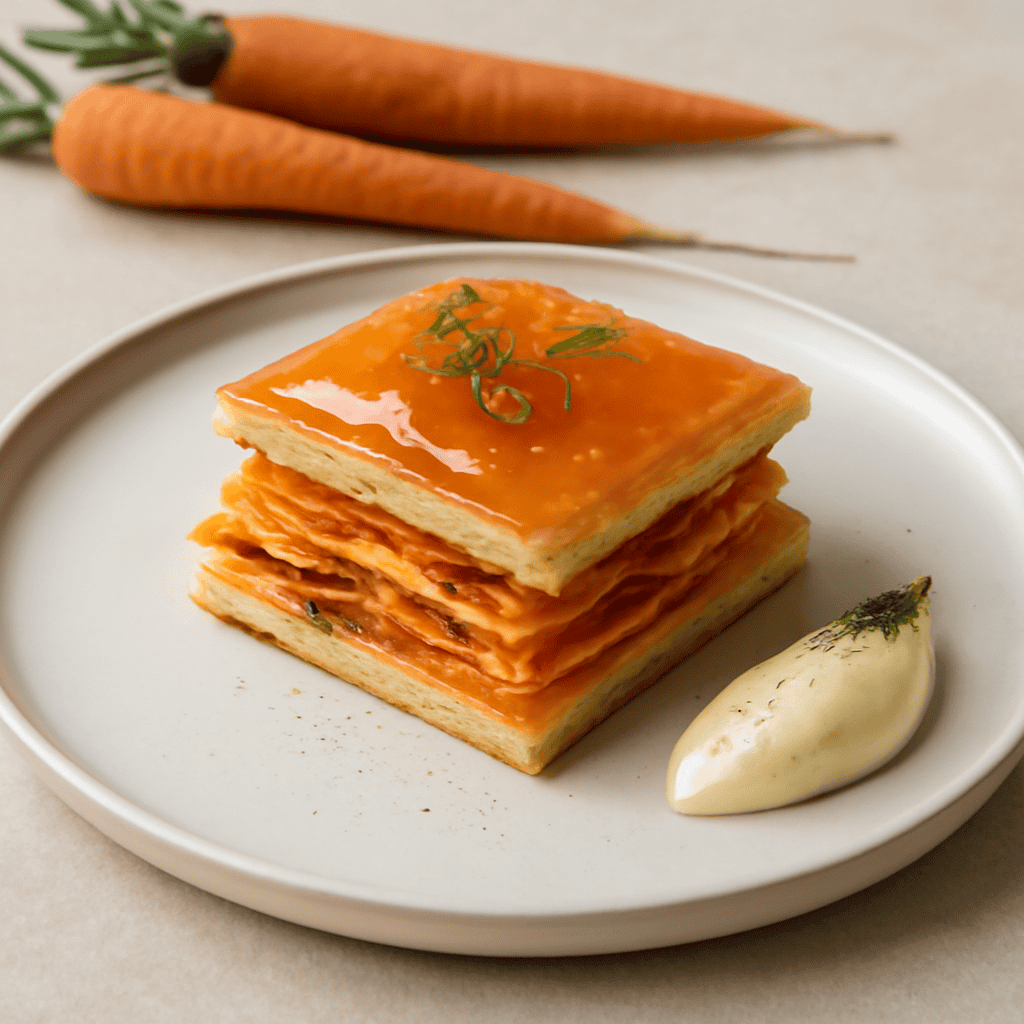 Mille-feuille alla barba delle carote e gelatina di arancia