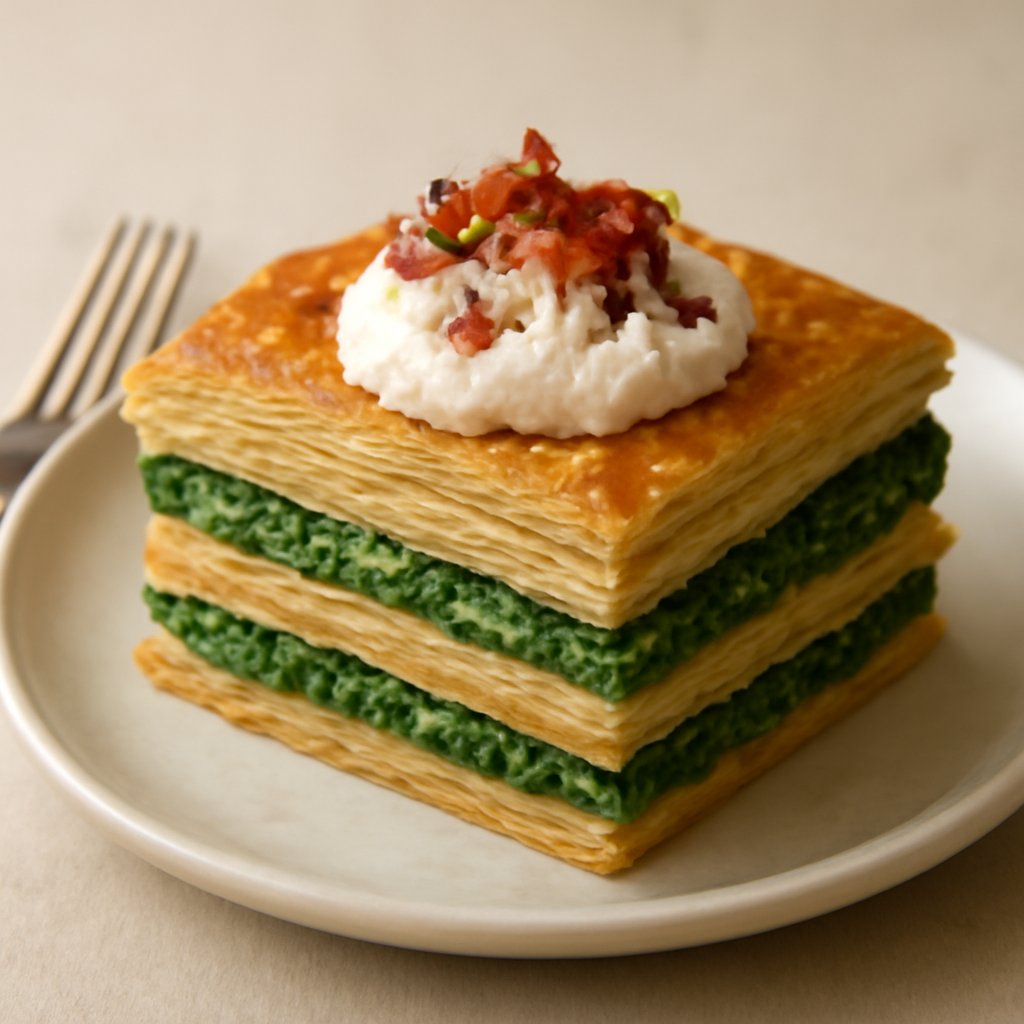 MILLE FOGLIE AGLI SPINACI CON RICOTTINA AROMATIZZATA ALLA SAMBUCA E PANCETTA CROCCANTE