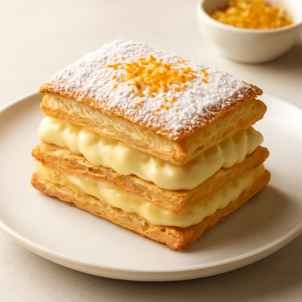 MILLEFOGLIE CON CREMA PASTICCERA AL CIOCCOLATO BIANCO AROMATIZZATA ALL’ARANCIA