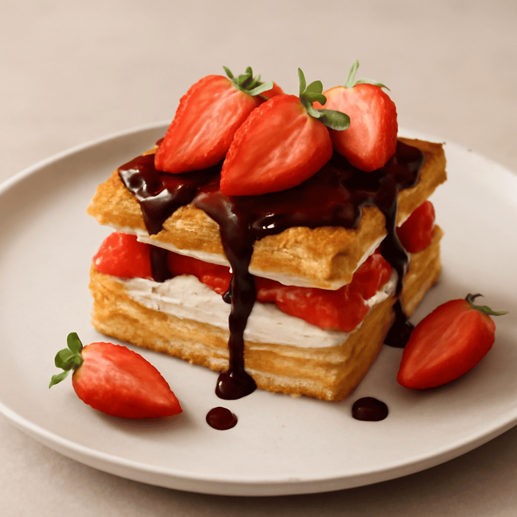 Millefoglie di cheese cake con fragole e cioccolato all’80%