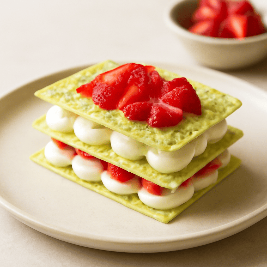 Millefoglie di cioccolato bianco al pistacchio con crema al mascarpone e fragole