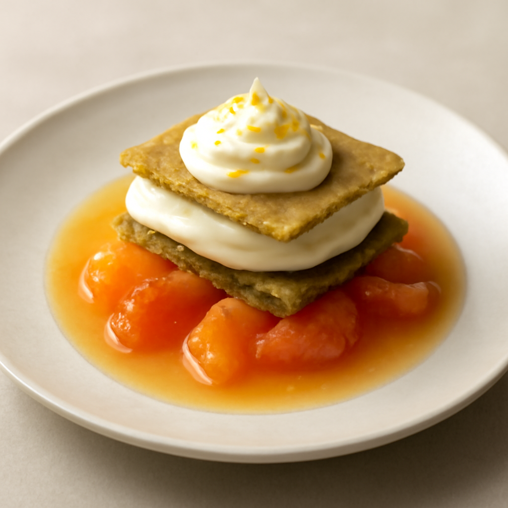 Millefoglie di frolla al pistacchio con mousse di ricotta al limone e zuppetta di agrumi