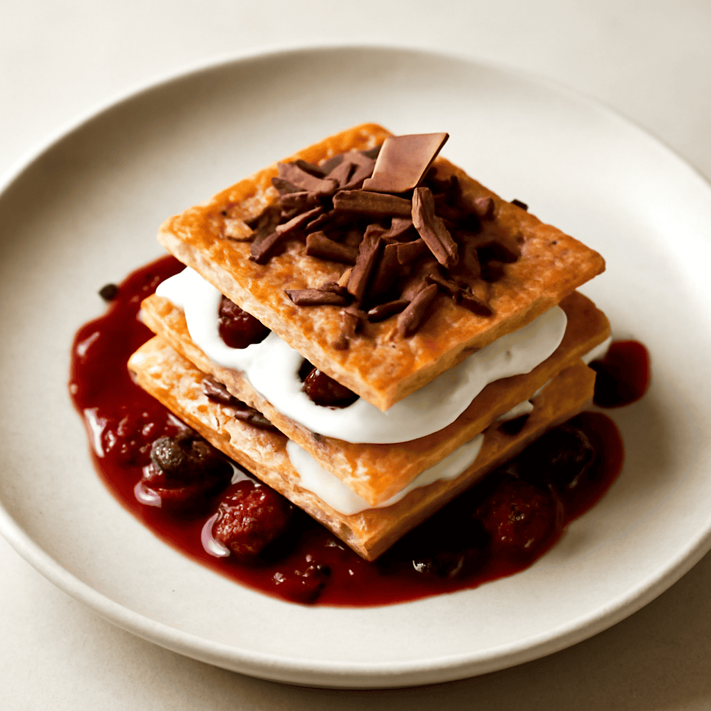 Millefoglie scomposta con crema di ricotta, scaglie di cioccolato e coulis di frutti rossi