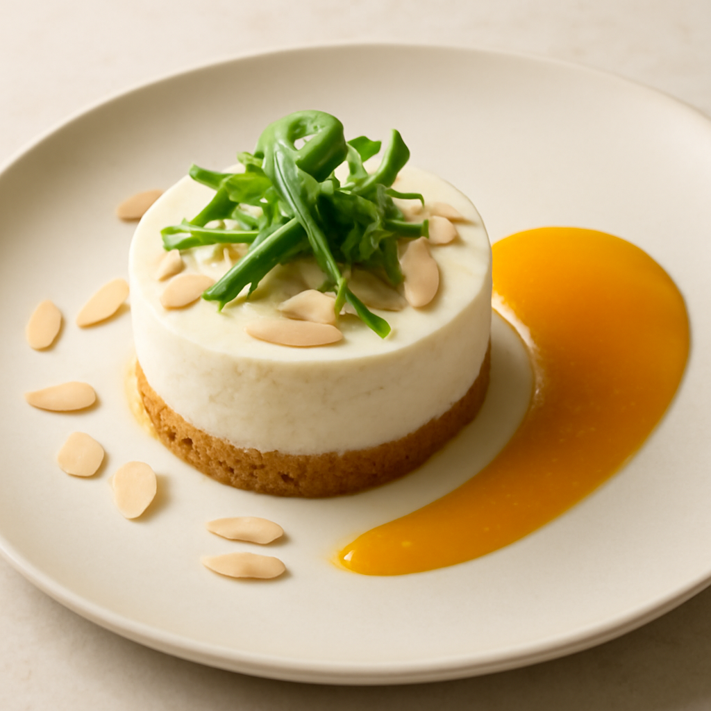 mini cheesecake mandorle e rucola con coulis di arancia