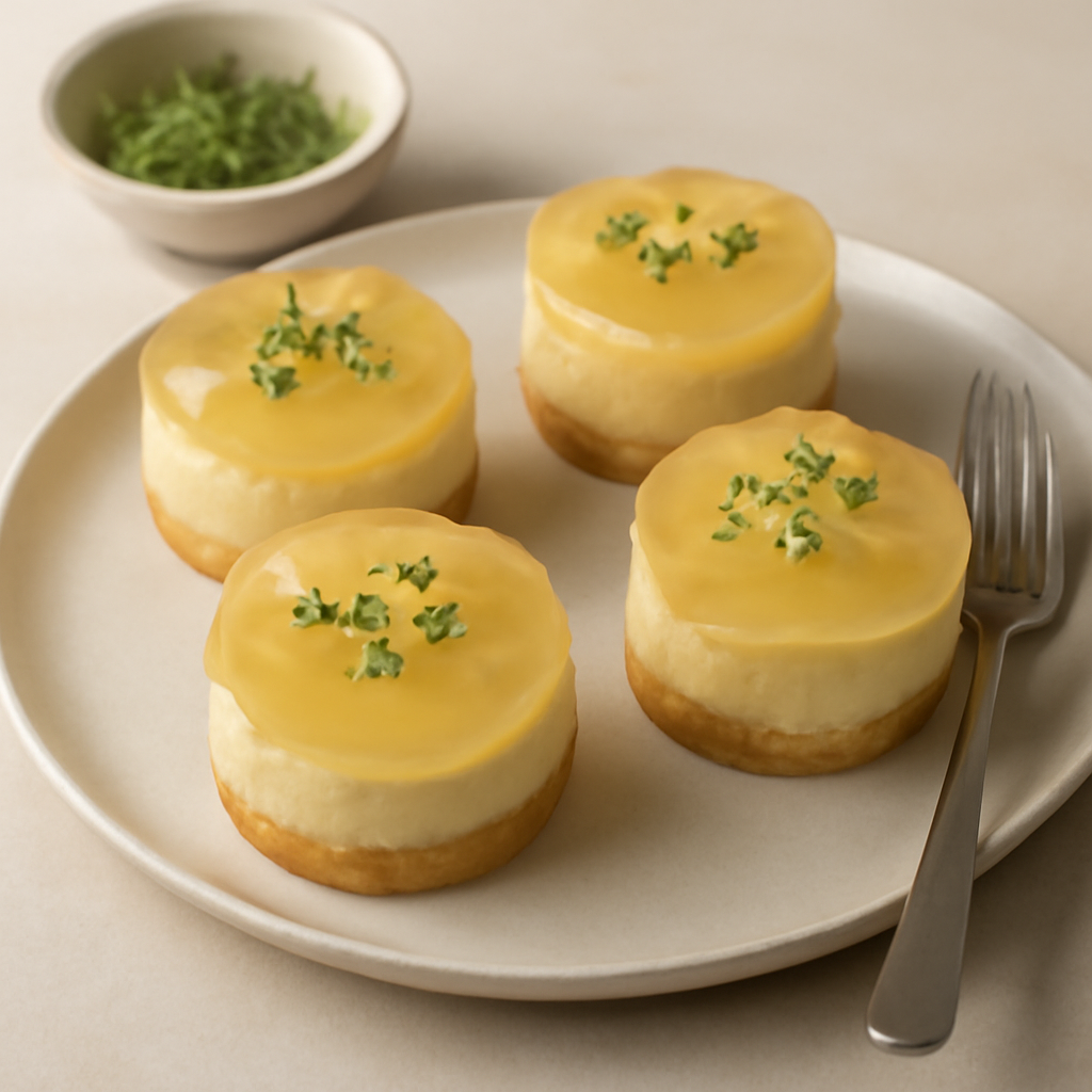 Mini cheesecakes salate con fiori di maggiorana e gelatina di prosecco.