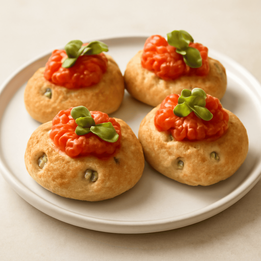 Mini ciabattine alle olive verdi con mousse di pomodorini e basilico