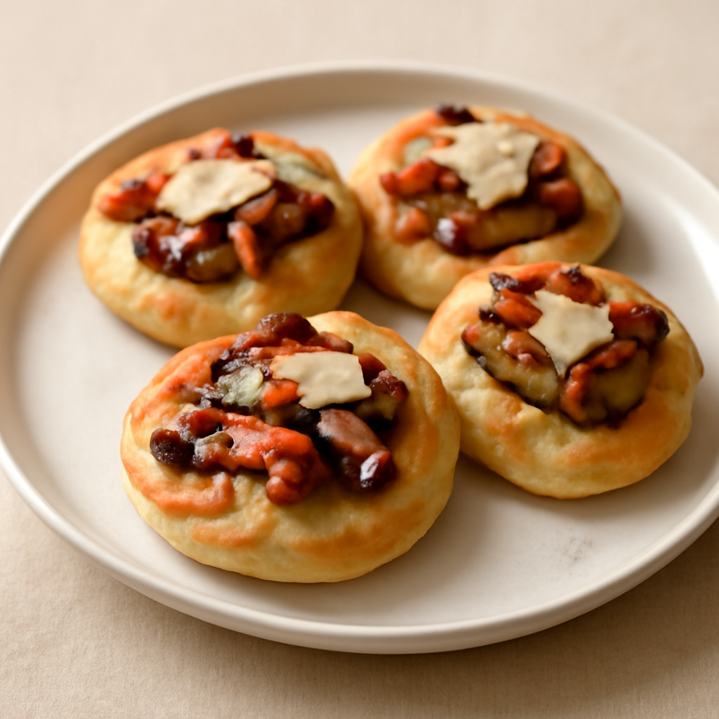 Mini focaccine fungo porcino, pancetta croccante e scaglie di grana
