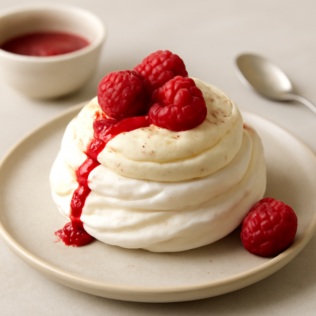 Mini pavlova con mousse ricotta e lamponi e coulis al lampone e noce moscata.