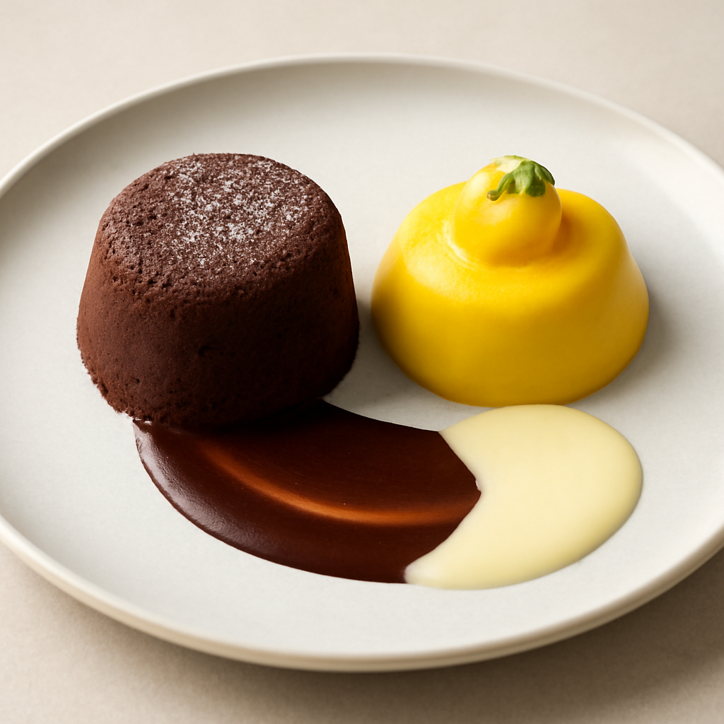 Morbidoso al cioccolato con mousse al mango e cremoso al cioccolato