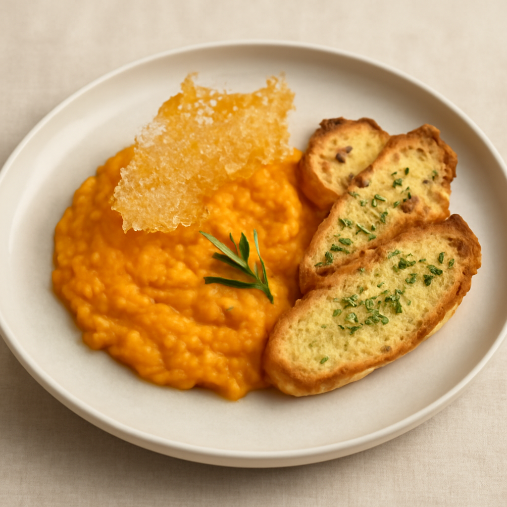 MOSA DI ZUCCA CON TUILLE DI PARMIGIANO E CROSTINI DI PANE AL ROSMARINO