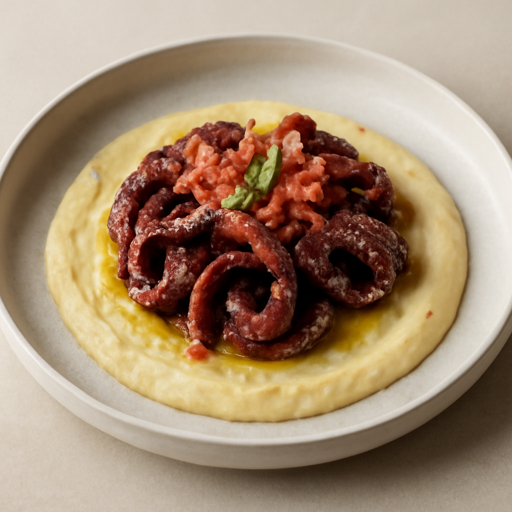 Moscardini con crema di ceci e brunoise di pomodoro