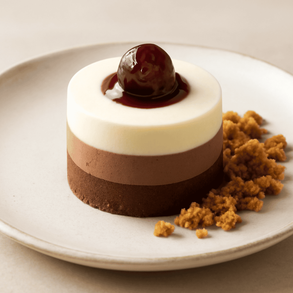 Mousse ai tre cioccolati con panna cotta all’amarena e crumble.